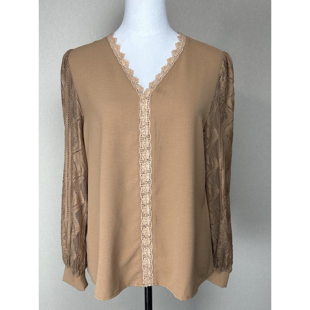 Fashion Women's M Long Sleeve Brown Y2k V-neck Lace Trim Tunic Top‎ Feminine